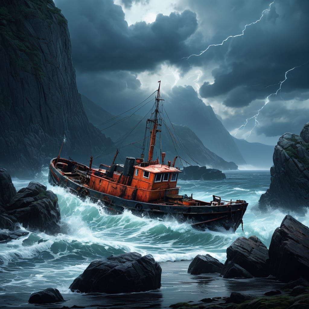 The storm has disabled the boat and now there is no chance to escape the rocky end  by @Burning puzzle