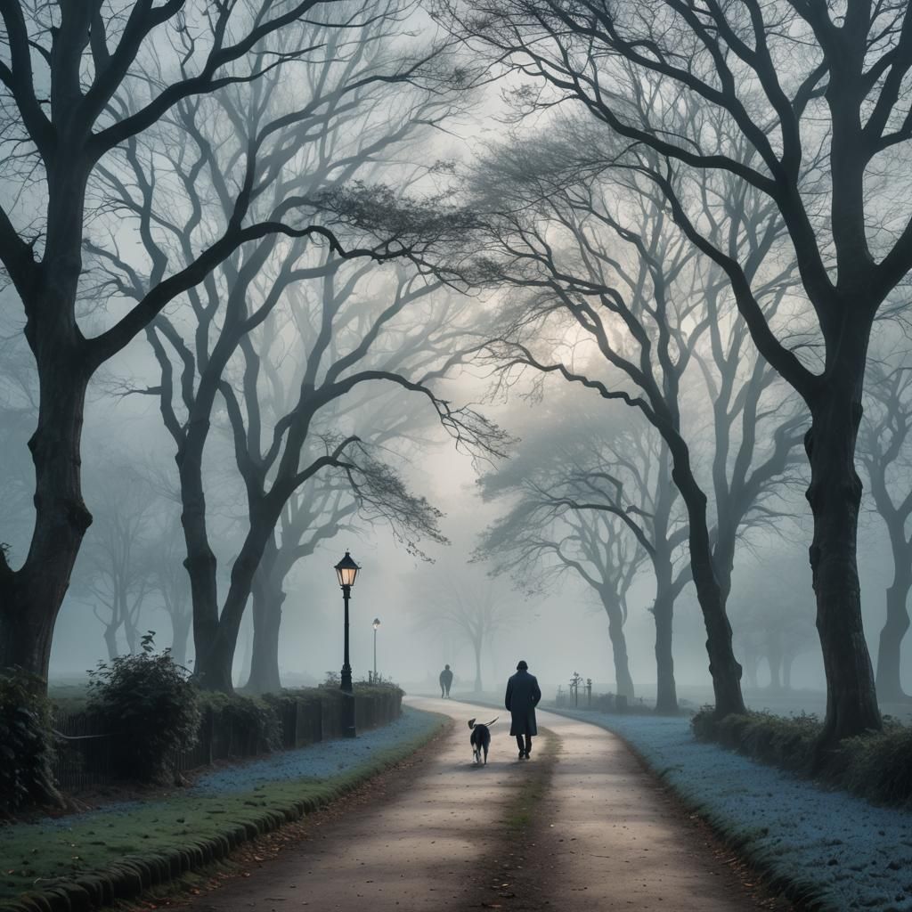 A serene park in early morning mist, with a lone figure walk...