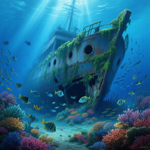 a deep blue ocean with colorful plants and fish swimming around and a big ship under the water with colorful plants growing on and in it wit...