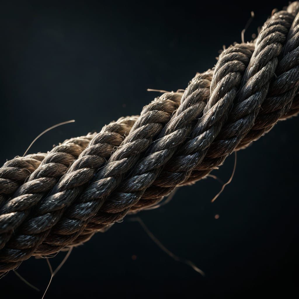 An extreme close-up of a thick rope fragmenting