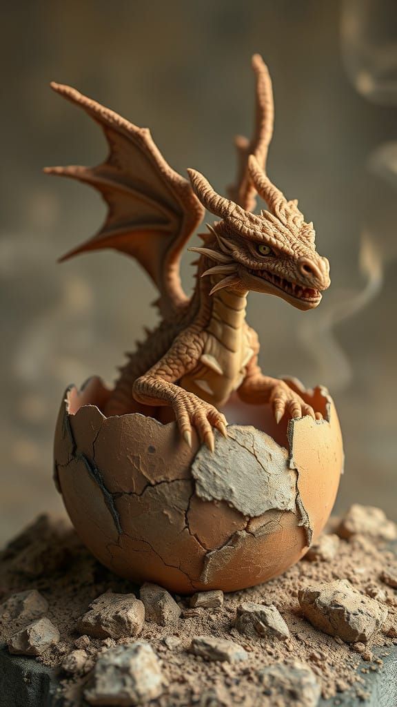 Clay dragon hatching from clay eggshell   by @Eclectic shambles