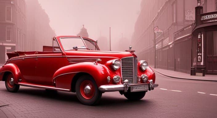 Red 1950's car Misty London Street
