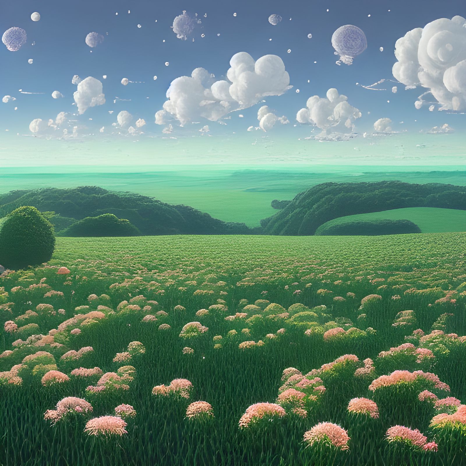 Rolling Clouds Over Flower Hill: Fantasy Art