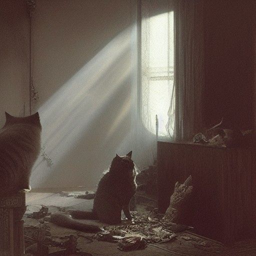 Cat's eating their deceased owner in an untidy apartment. Sunlight
