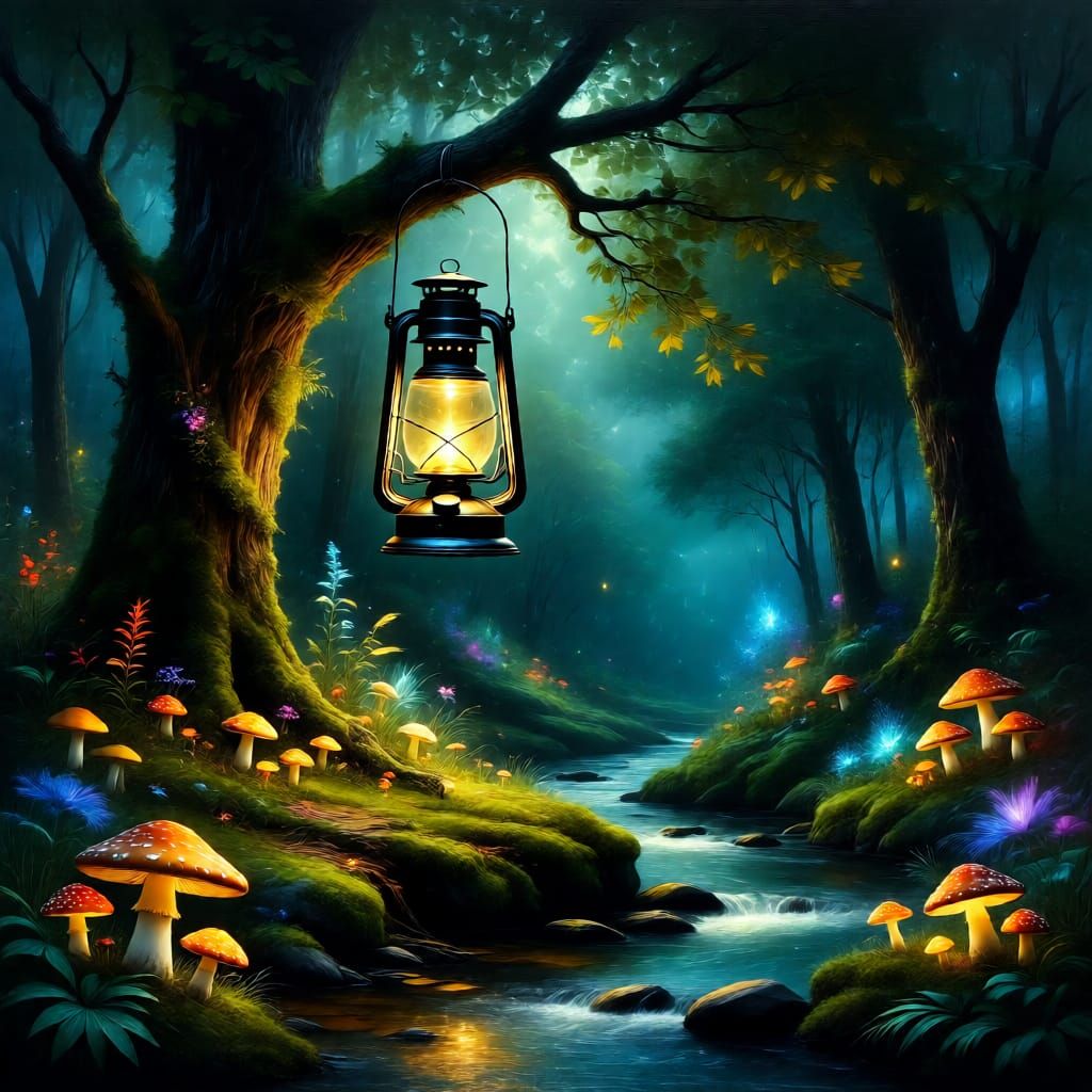 Enchanted Lantern in Forest Clearing
