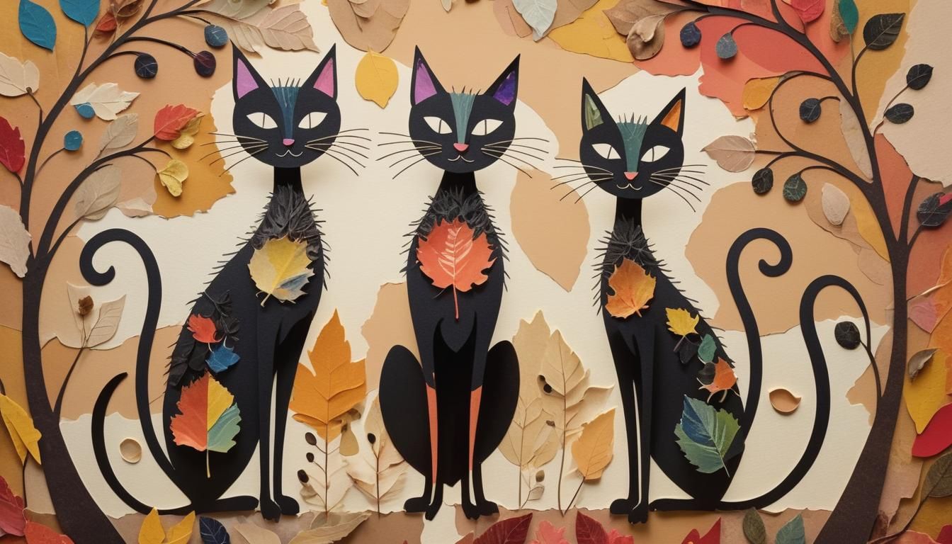 A colorful collage of layered paper leaves in different shap...