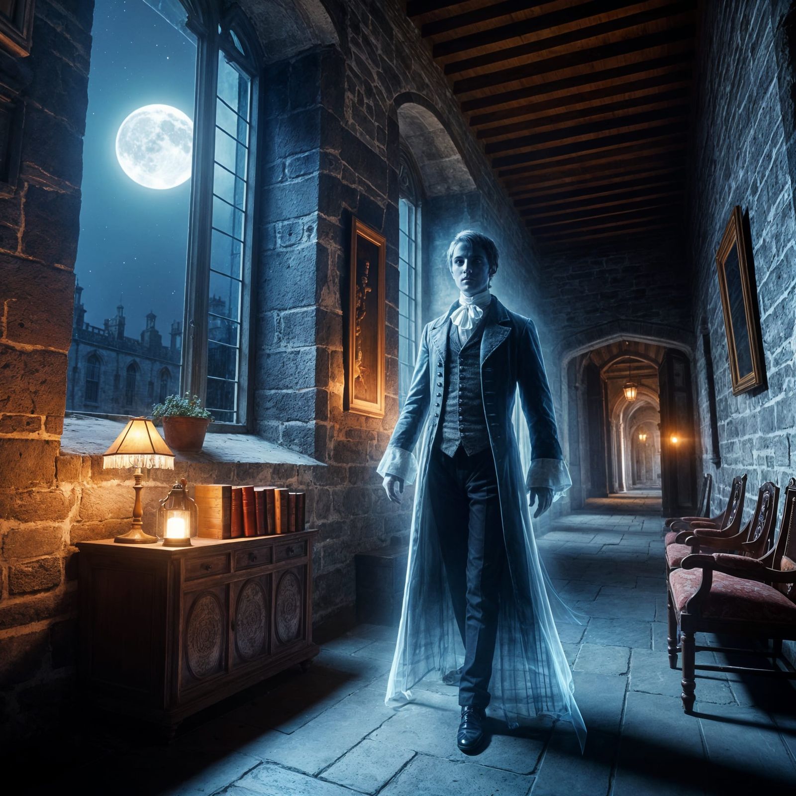 Ghost in the form of a transparent man in Victorian clothing...