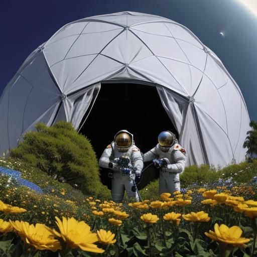 Three men in spacesuits tending to the flowers in a geodesic...