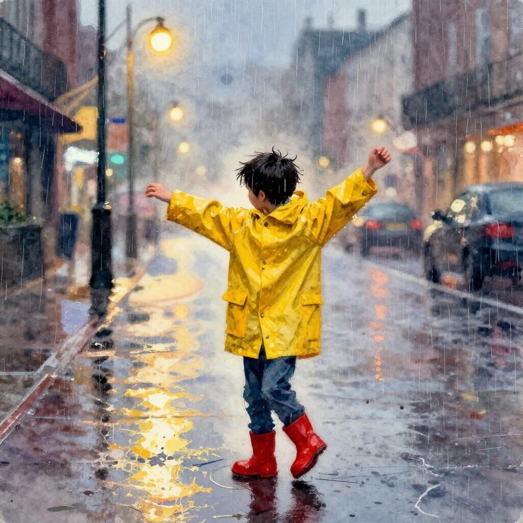 Boy Dancing in Rain in Yellow Raincoat