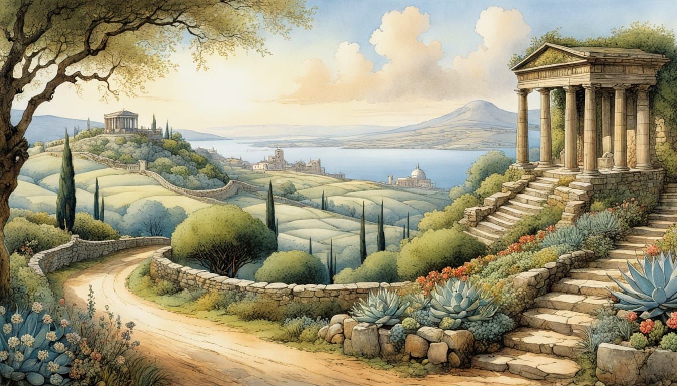 Greek Hillside Illustration in Storybook Style
