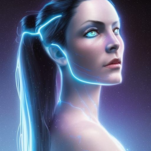 She has long dark purple hair pulled back into a ponytail, h...