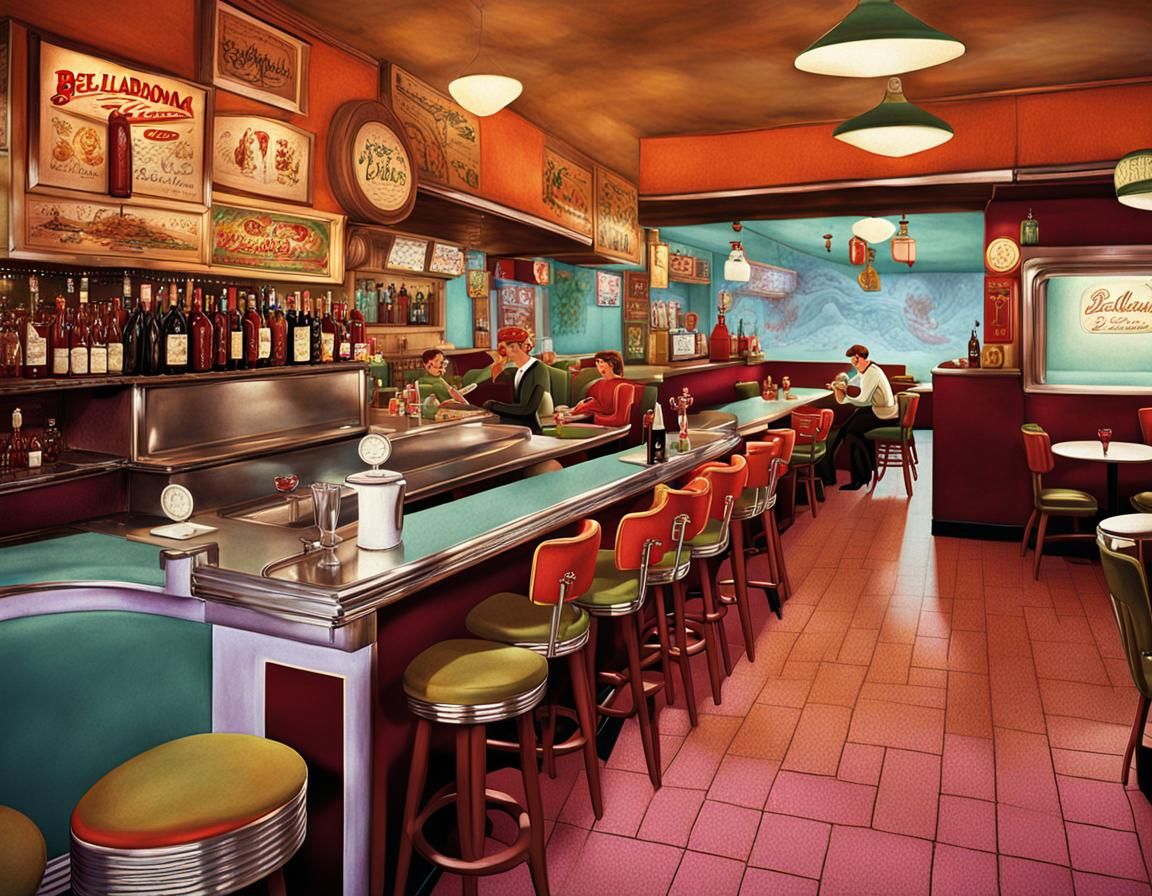 the cozy interior of a 1950s Italian restaurant