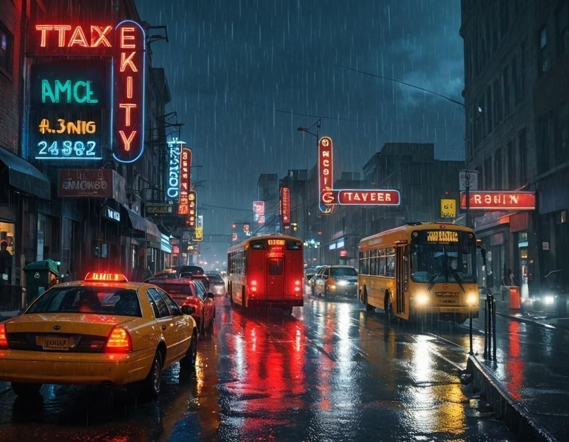 DDD's Random Number Challenge - heavy rain falling: neon sings flashing: taxis: buses: train: rainy night in Georgia: hyperrealism: hyperdetailed: unreal engine 5: HDR: 16k...
