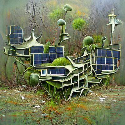Overgrown solar panels surrealism