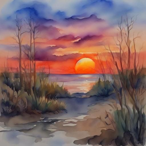 <lora:Watercolor:1.0> vibrant detailed watercolor of sunset with ocean below