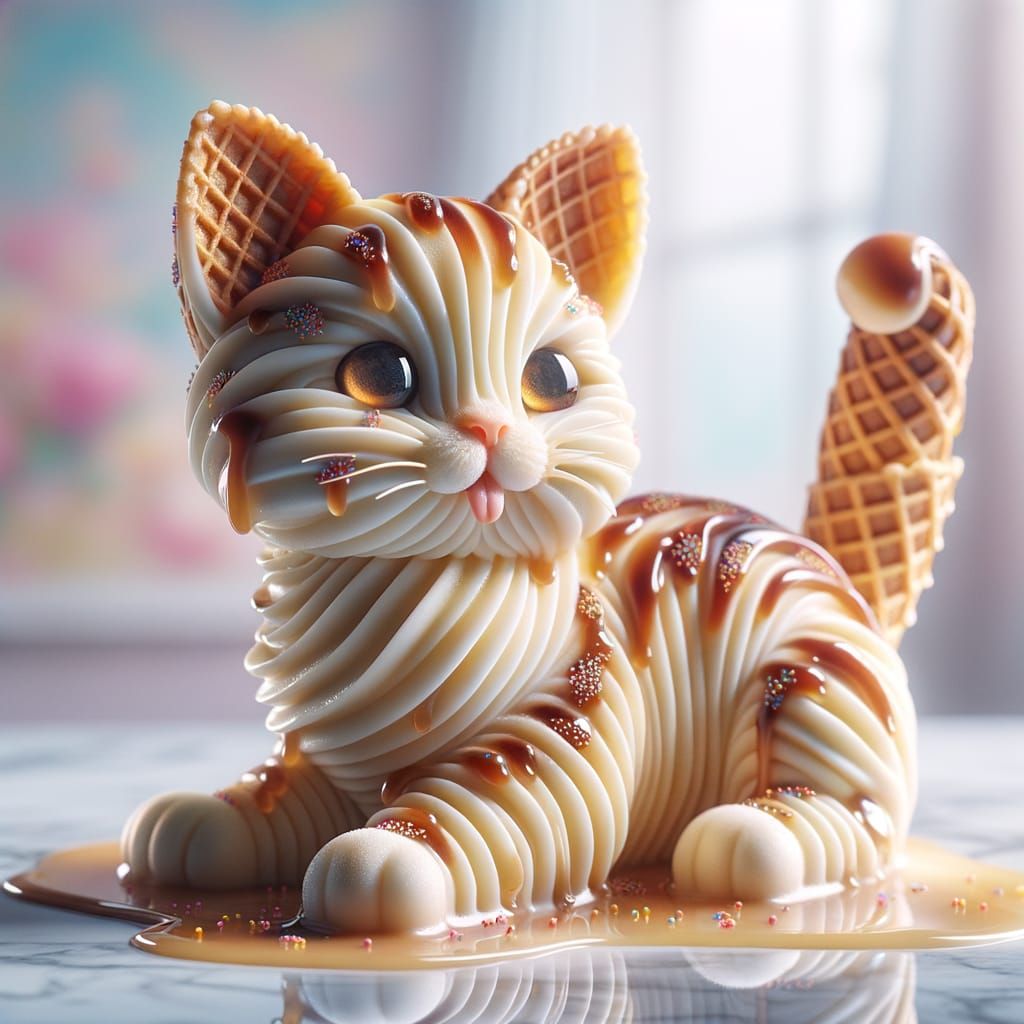 A hyper-realistic depiction of a playful kitten entirely made of ice cream.  by @Gaby