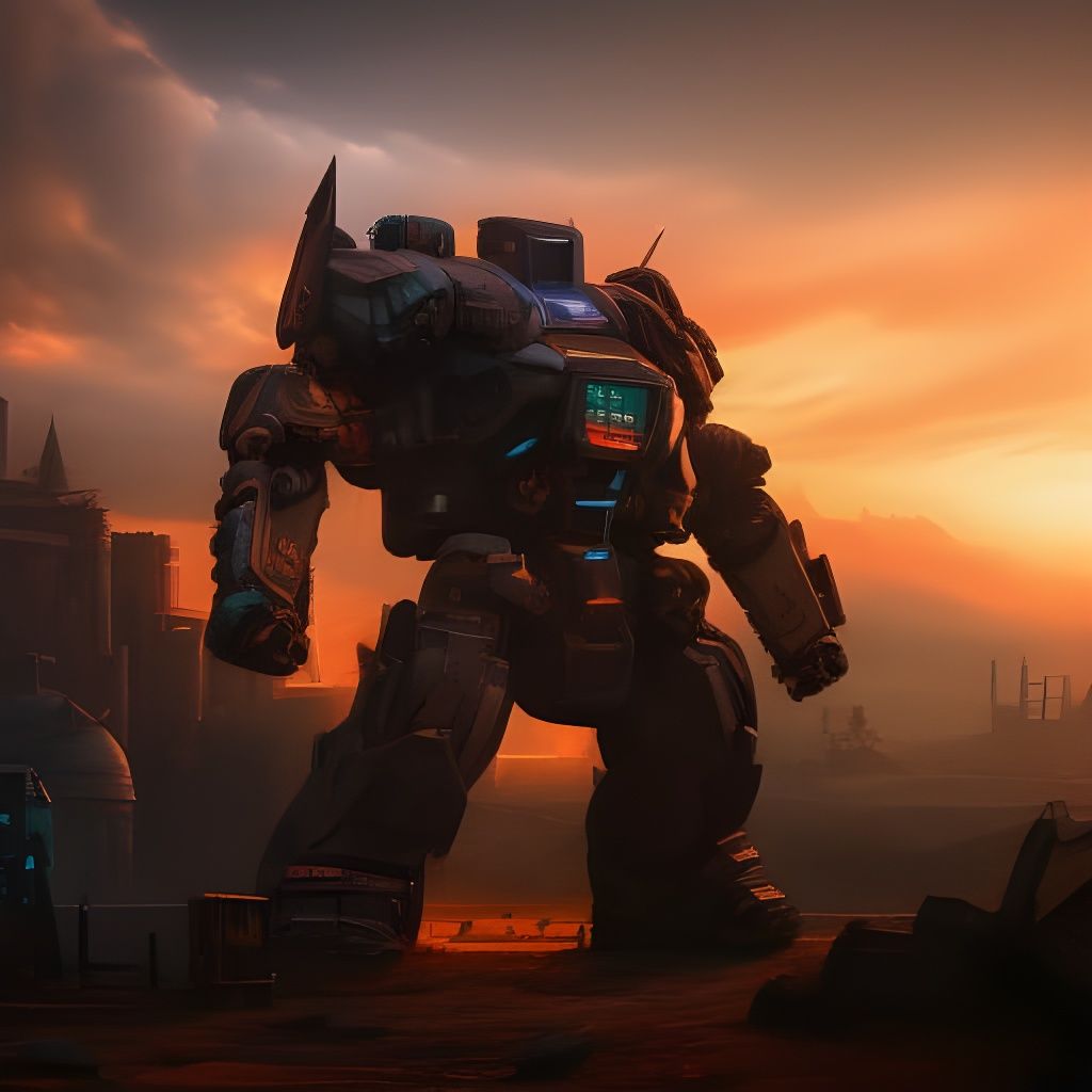 Battle-torn giant mech in sunset