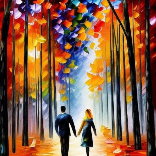 Couple walking in the woods leonid afremov