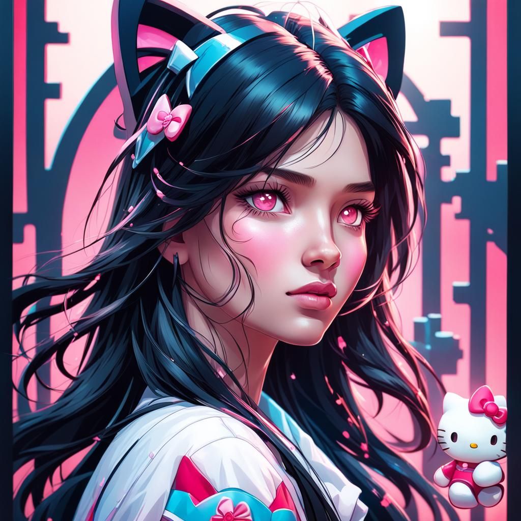 Teenage girl with long black hair and pink eyes, Holding hel...