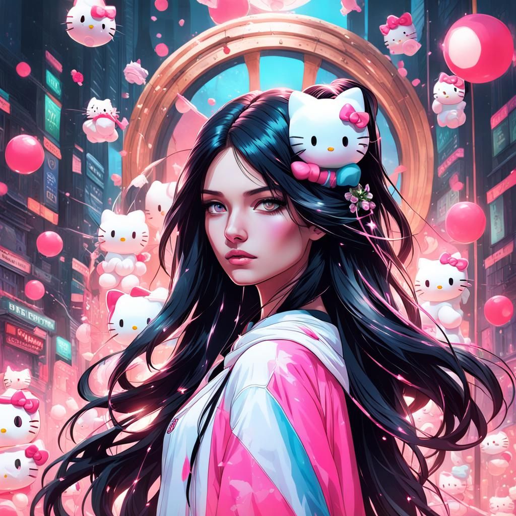 Teenage girl with long black hair and pink eyes, Holding hel...