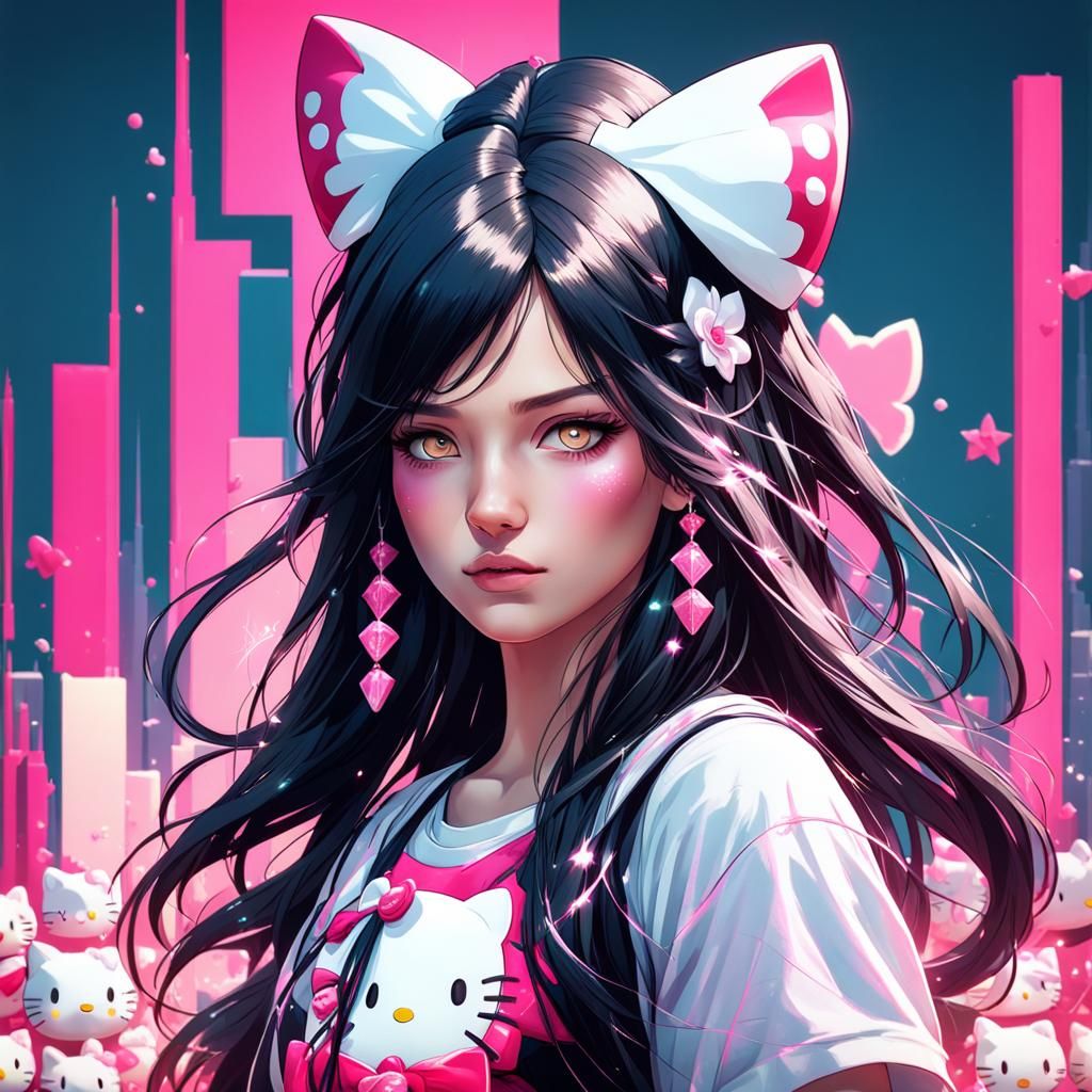Teenage girl with long black hair and pink eyes, Holding hel...