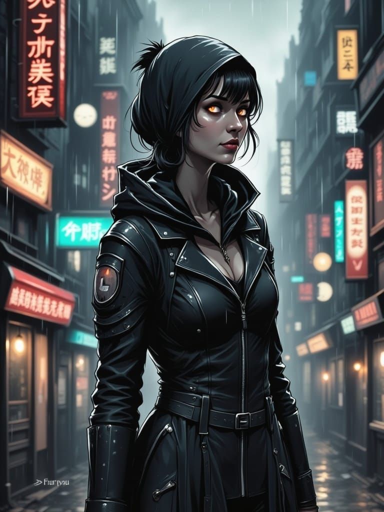 Medium shot of a female sci-fi protagonist in a cyberpunk city on a rainy evening. <lora:Fragments of Dusk:1.0> 