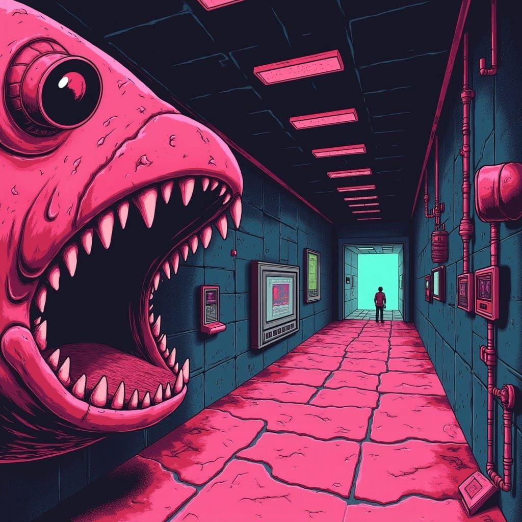 <lora:Submechanophobia v2:0.7>
Liminal retro video game scene: A a giant fish head with a gaping mouth popping out of the wall in the contro...