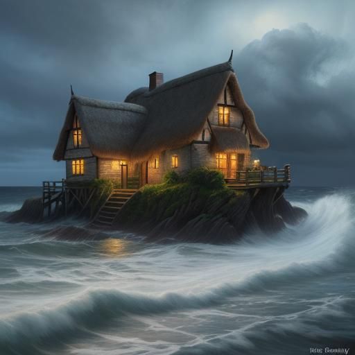 fairy tale cottage next to the ocean with 4 rickety steps in...