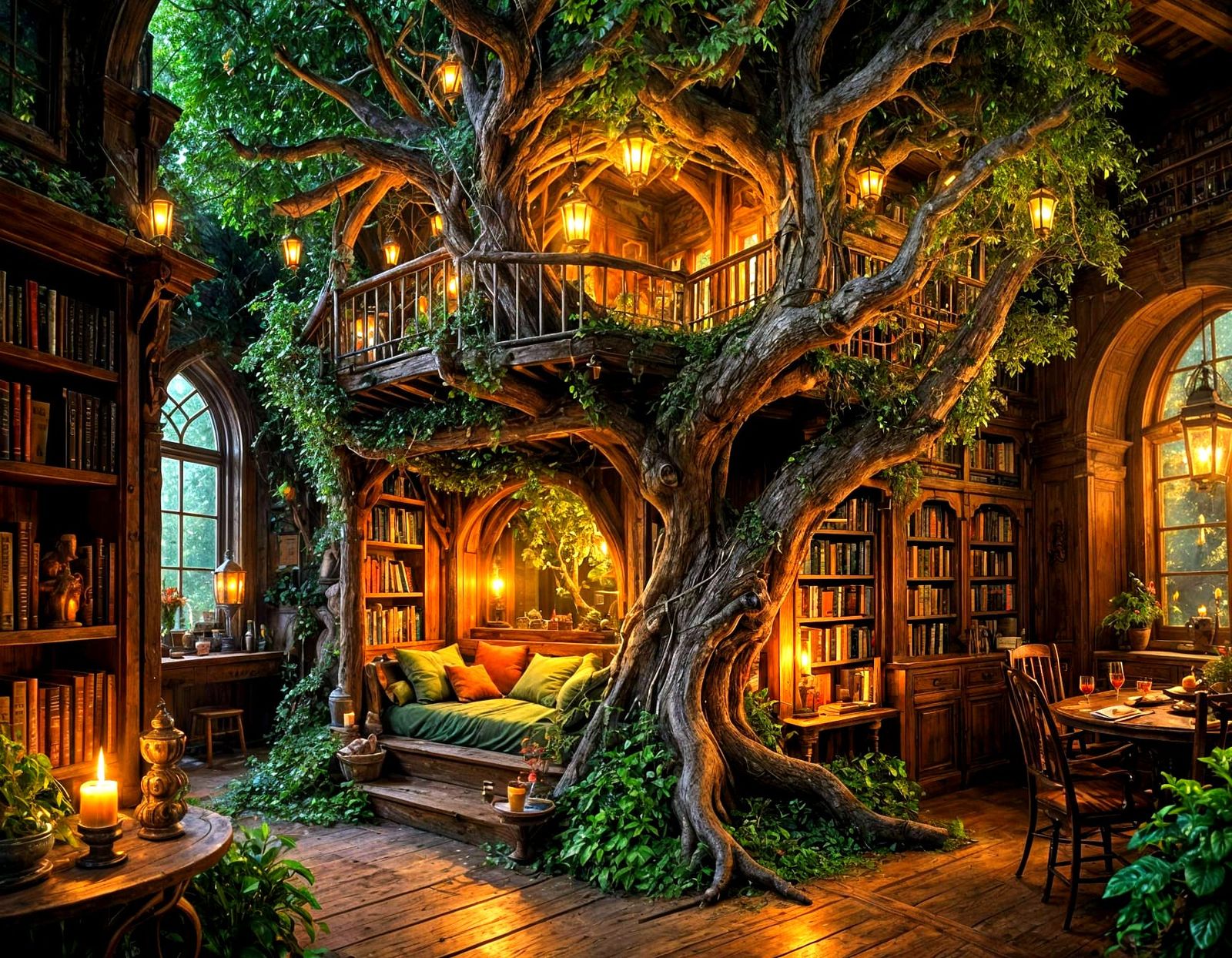 Cozy Reading Nooks A breathtaking elven library intertwined with a giant ancient oak tree with a massive ...  by @Lennis