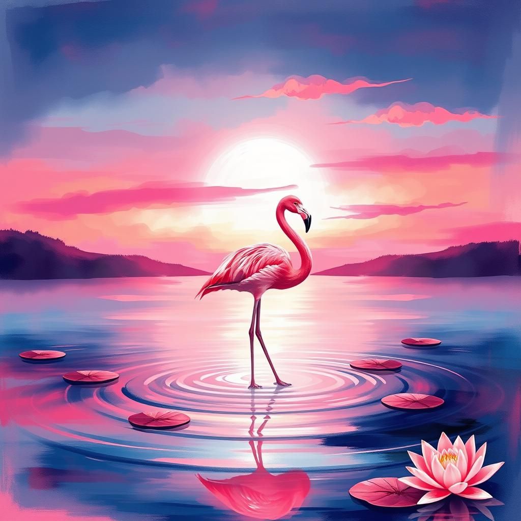 A vibrant pink flamingo with a pink sunset, alcohol ink 