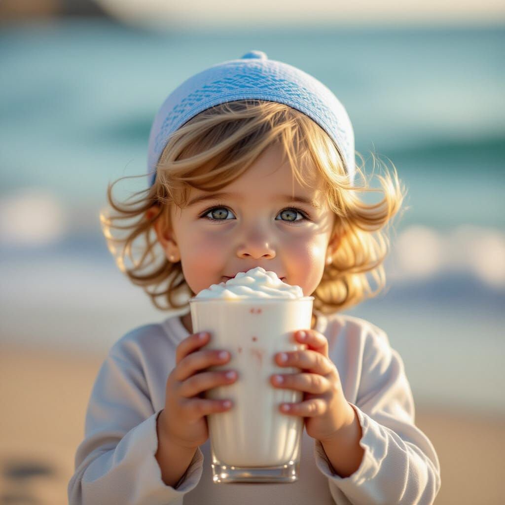 Child Enjoys Milkshake by the Sea at Golden Hour