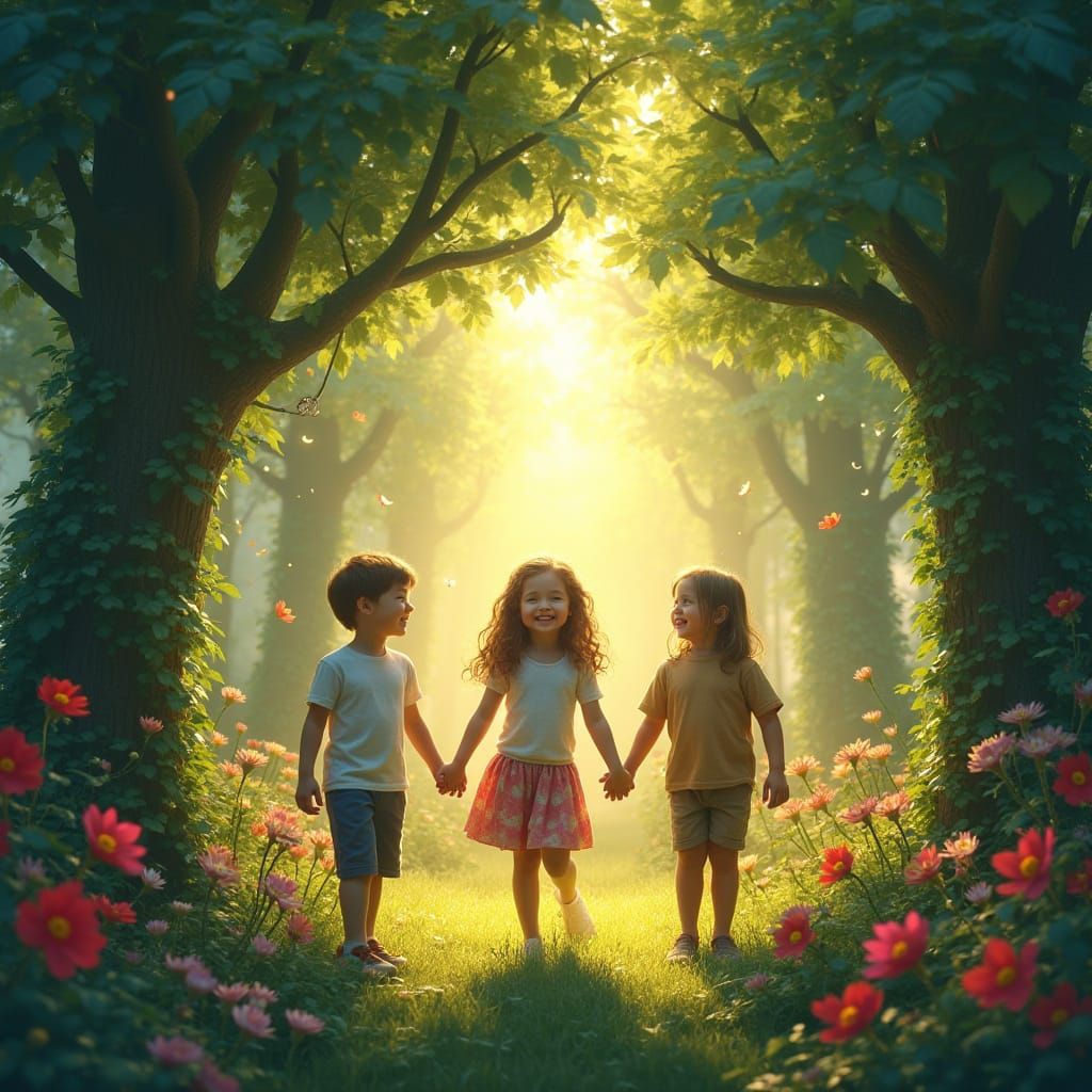 Children in a Whimsical Circle, Surrounded by Ancient Symbol...