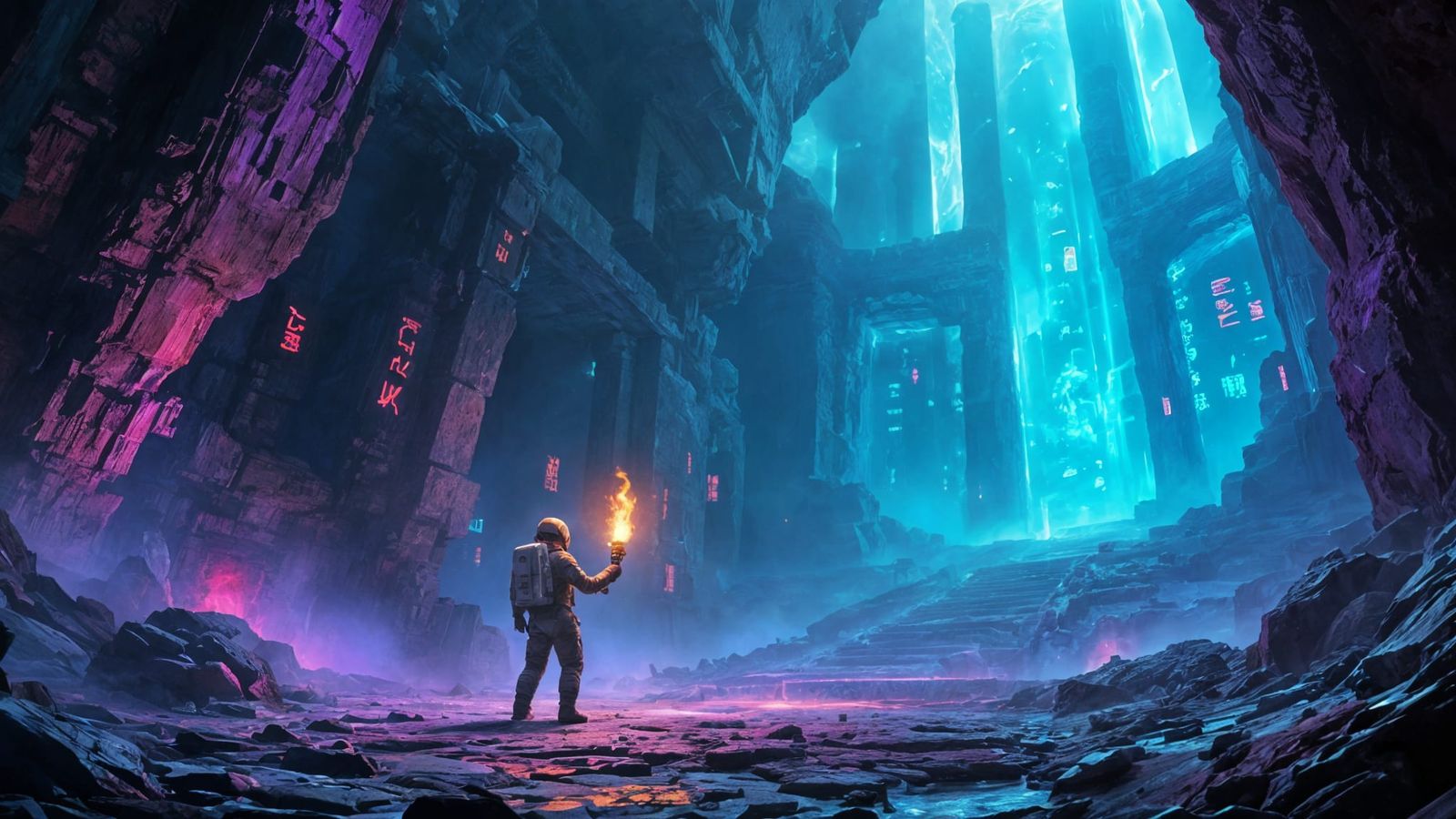 An astronaut exploring ancient ruins