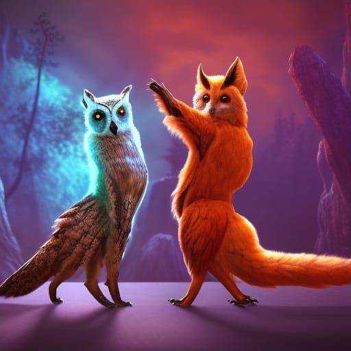Enchanted Dance: Owl and Fox in Digital Art
