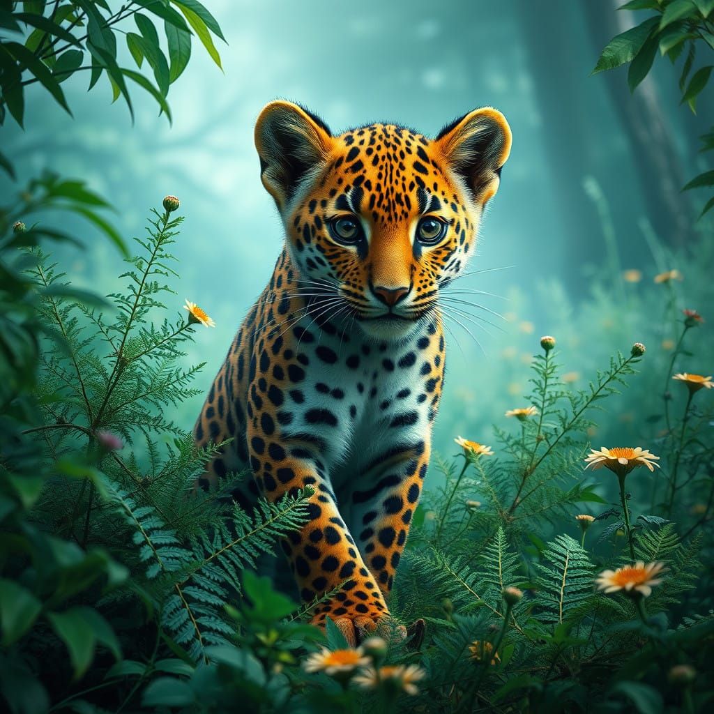 Surreal Fantasy Landscape with Vibrant Leopard Cub in Emeral...