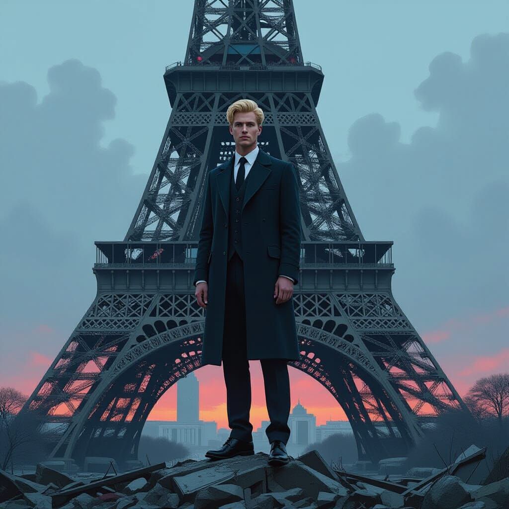 Ruined Eiffel Tower: Orthodox Man in Dystopian Landscape