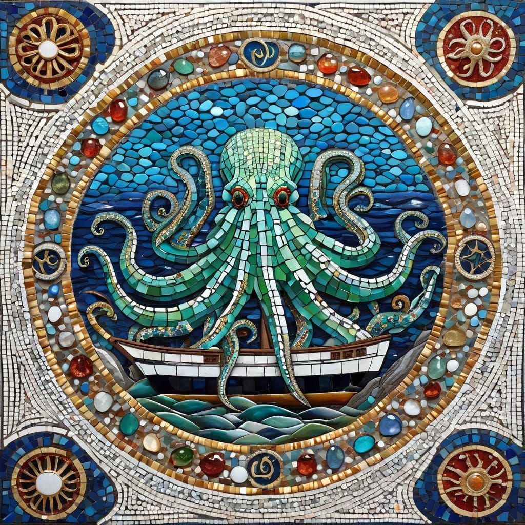mosaic of a Kraken rising from the sea,  gripping a boat in its tentacles in beautiful colored stones, ...  by @whiterose