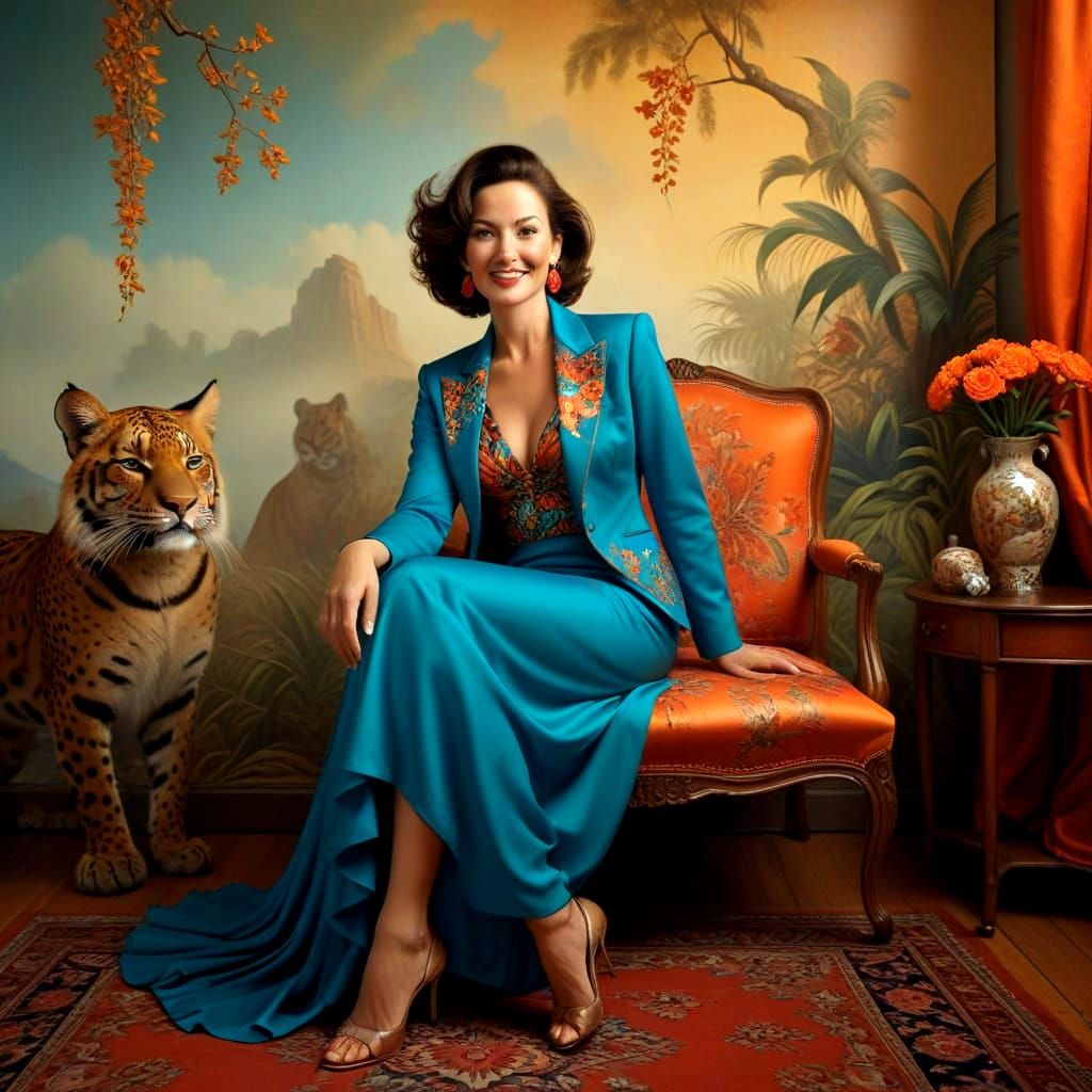Surrealistic Scene with Glamorous Women and Oversized Feline...