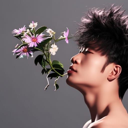 elegant stylish messy wavy short-haired japanese young man w...