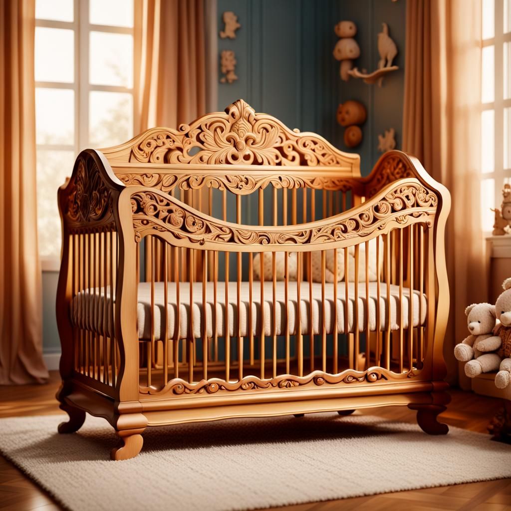 Intricately Carved Baby Crib with Chubby Baby