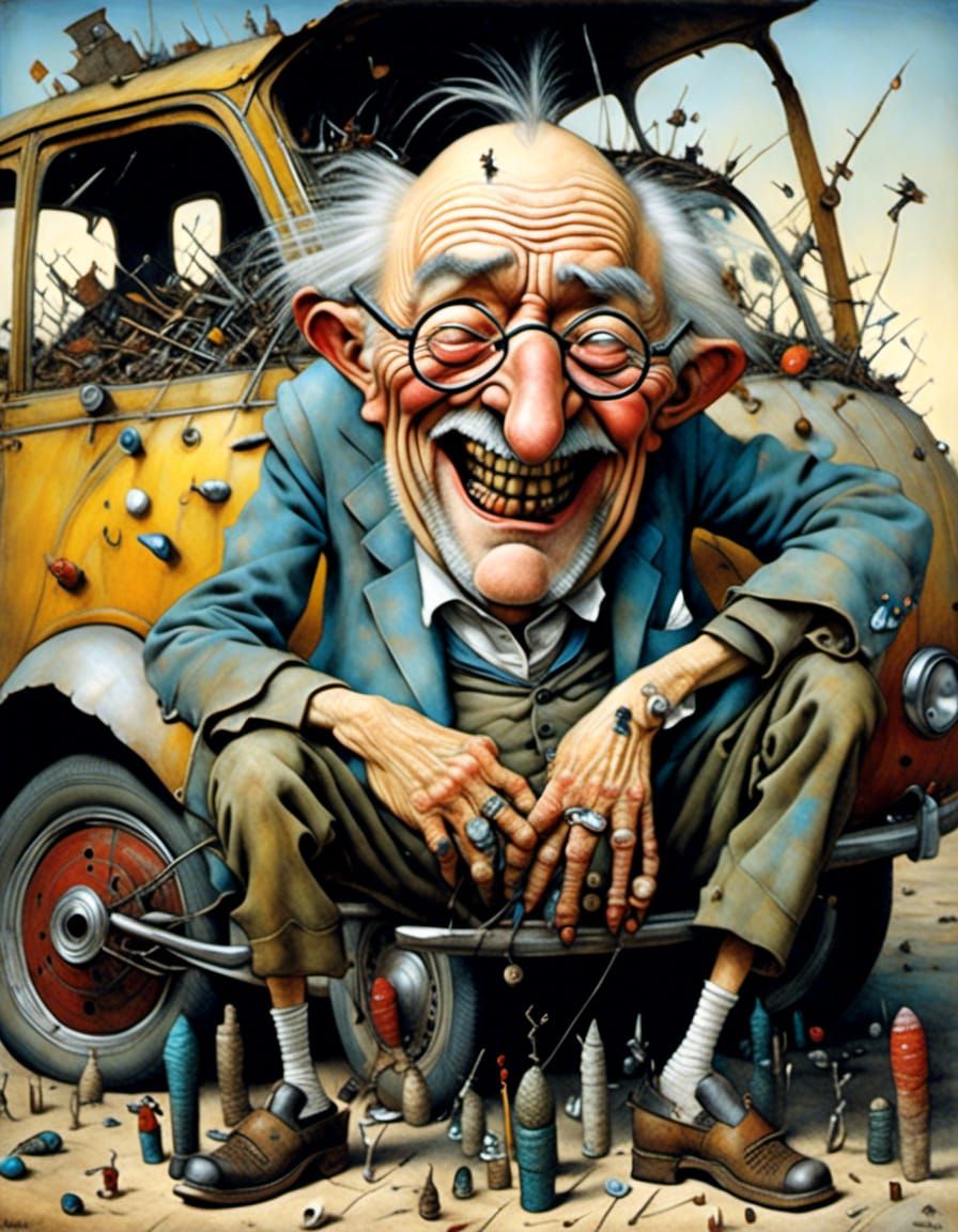 Quirky Deformed Laughing ugly old man) with a hand full of nails standing  by a (deflated white_car tire) art brut style by Jean Baptiste Mo... - AI  Generated Artwork - NightCafe Creator