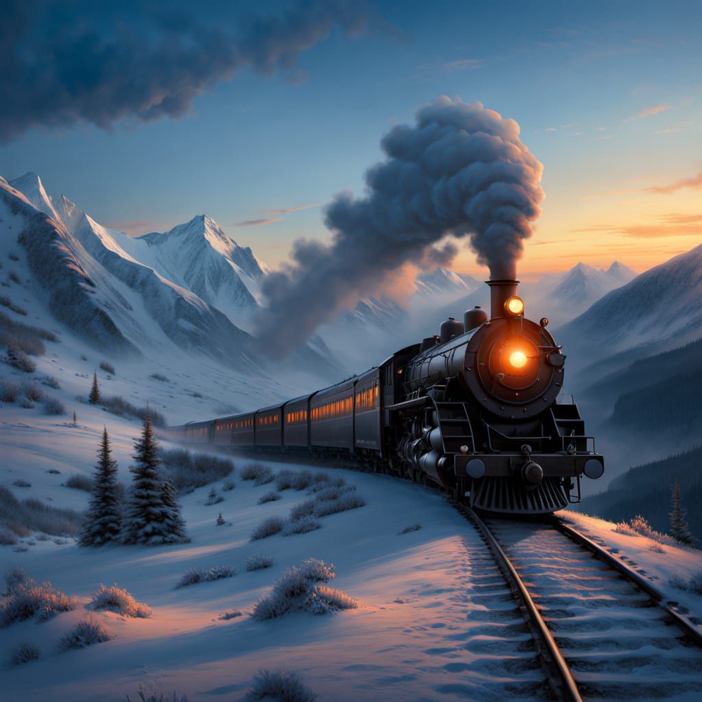Train at winter Mountain pass