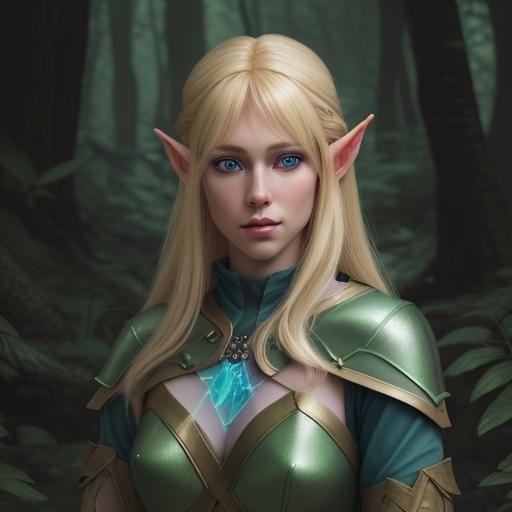 dnd, blonde female half elf ranger in the woods

