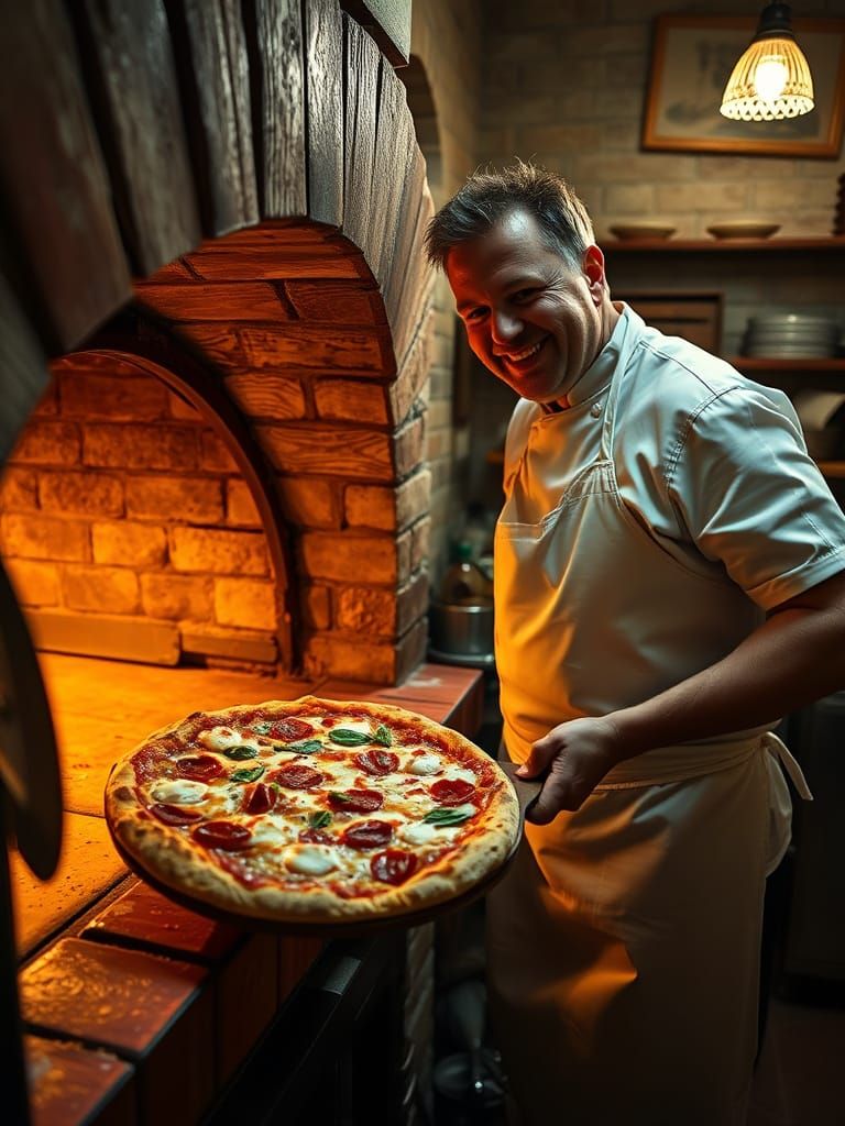Closeup, the Italian pizza chef smilingly pushes a richly topped pizza into the rustic stone oven on ...  by @Tatti