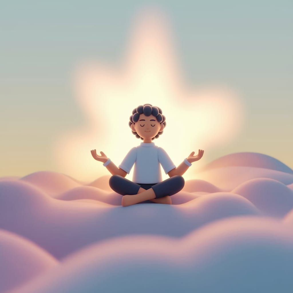 A character sits cross-legged on a cloud, enveloped in a gentle, golden aura that radiates warmth and calm. The background is a soft gradien...