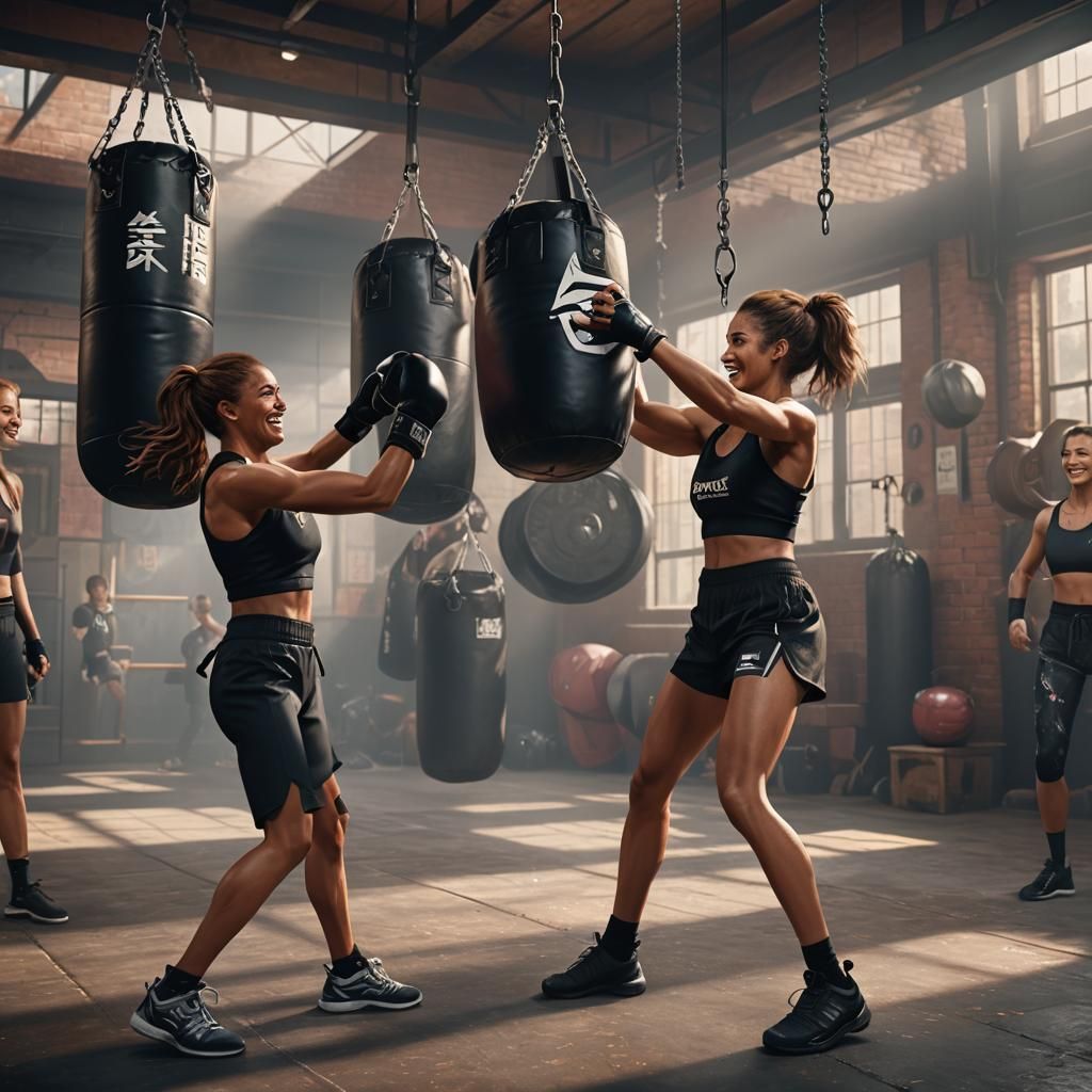 Women smiling at each other wearing black aerobic attire and the other woman is punching a hanging punching bag. They both look sweaty