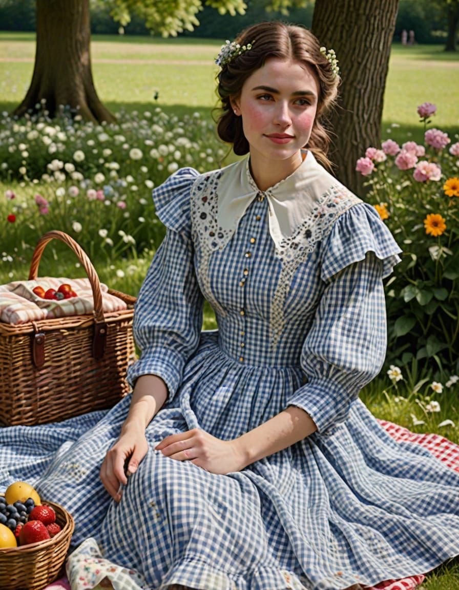 A beautiful Young Victorian woman in a gingham dress sitting on a floral calico cloth having a picnic, ...  by @Troxley
