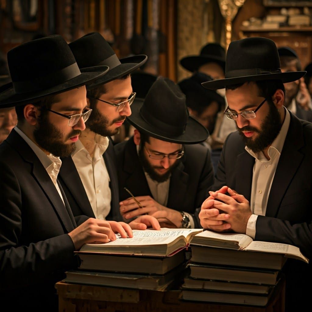 Studious Torah Scholars in Dimly Lit Study Hall