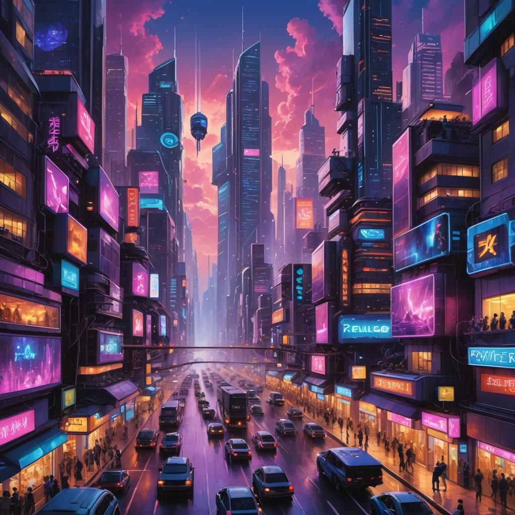 "Generate a vibrant digital painting of a futuristic citysca...