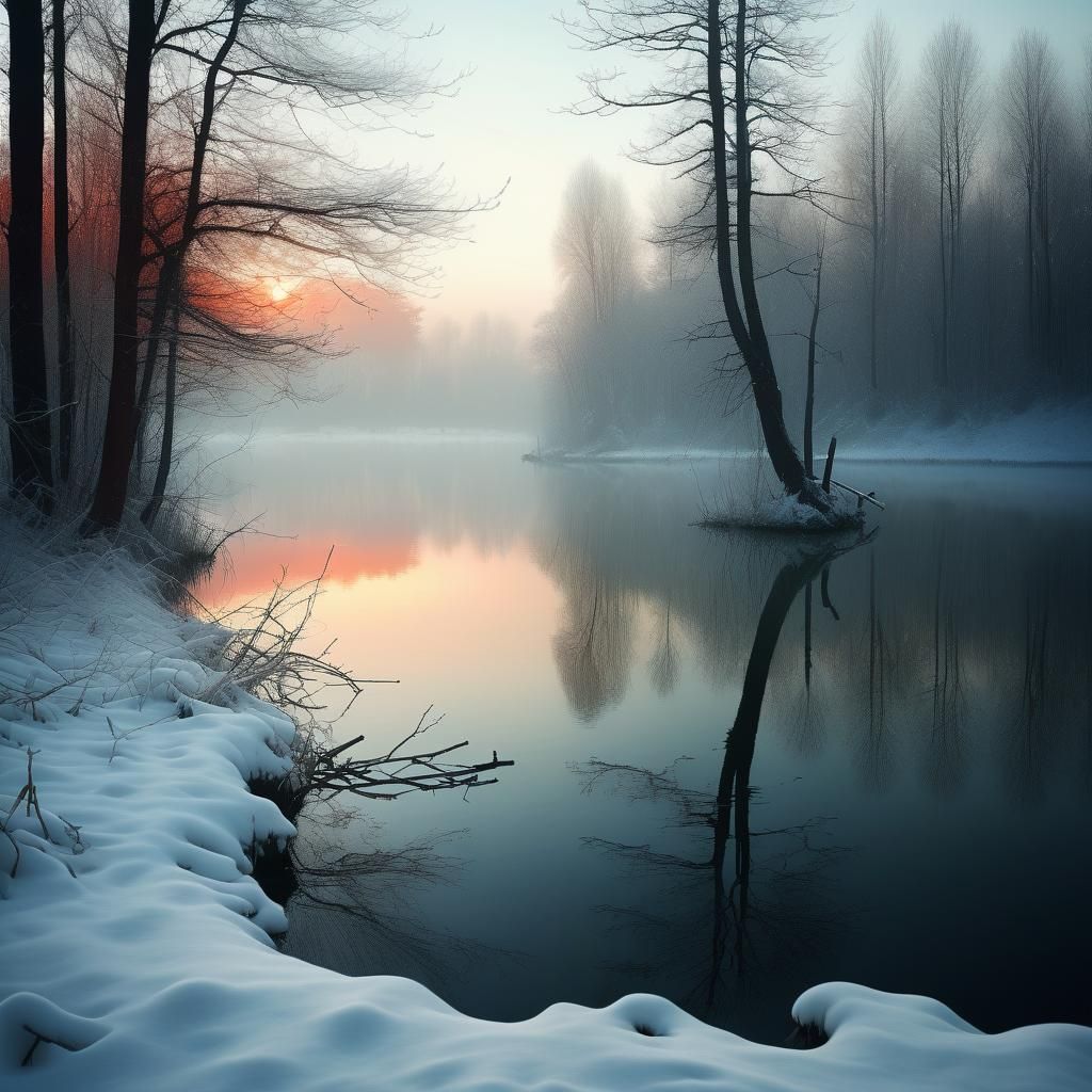  foggy winter on a lake & forest at red copper sunset  by @Mapont